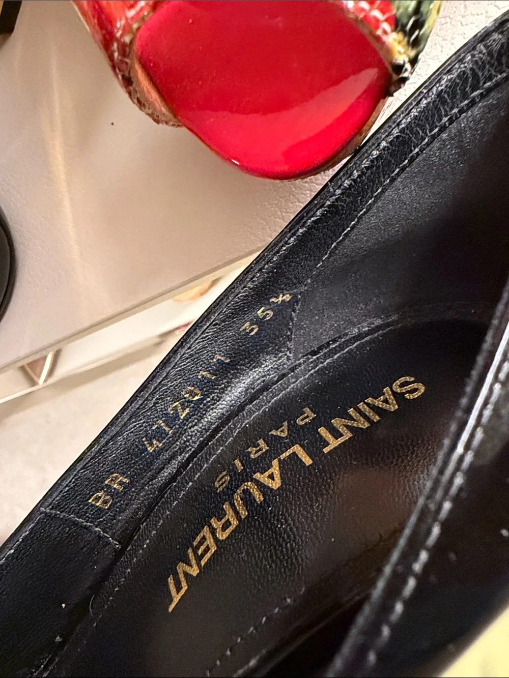 Saint Laurent Black Patent Pumps with Gold YSL Logo Heel - Picture 5 of 8